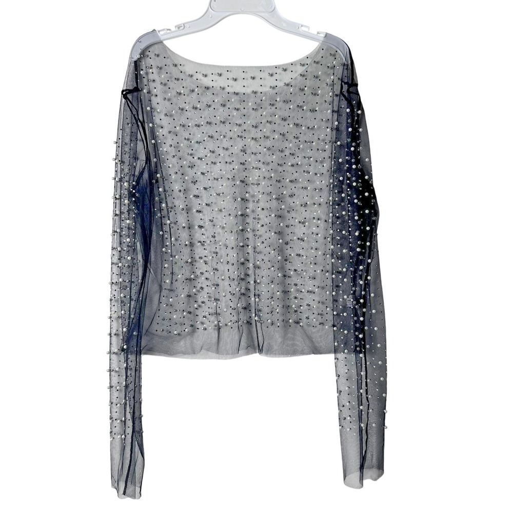 Sheer Mesh Pearl Bead Shirt Womens Large Black Long Sleeve Layering Top Festival